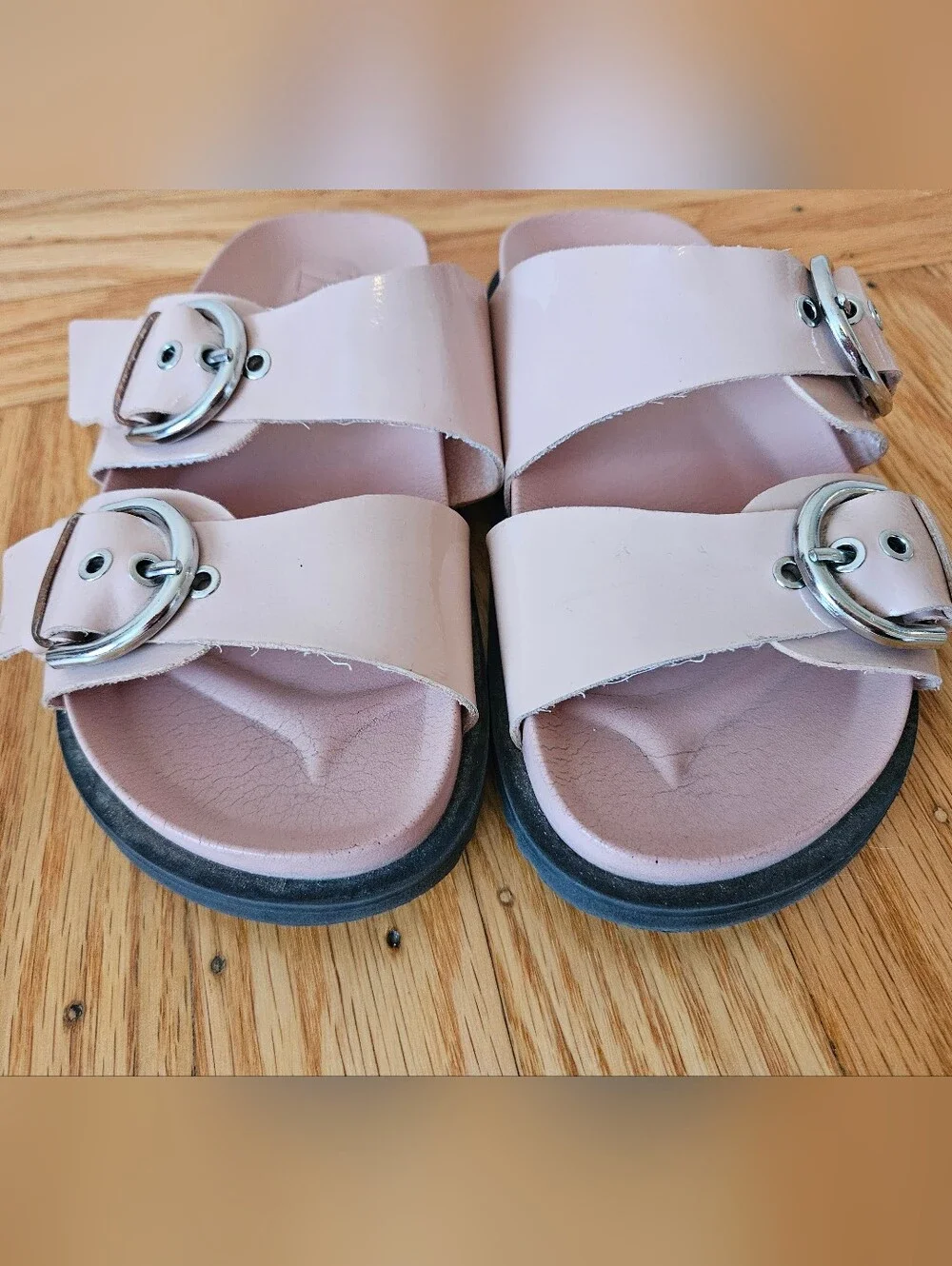 Zara Blush Patent Double-Buckle Slide Sandals EU31 Or US 1